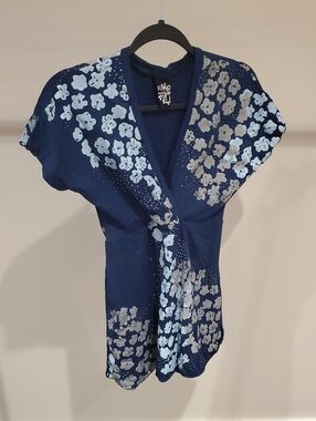 Lilikoi - Navy Floral Wrap Top with Light Blue Blooms